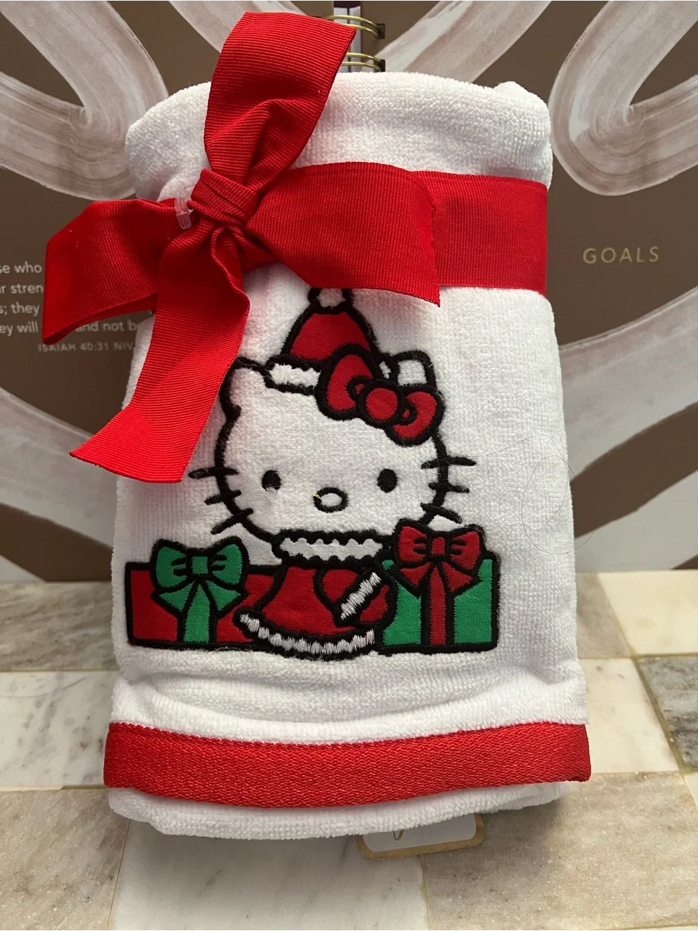 Hello Kitty White Hand Towels with Red & Green Holiday Accents